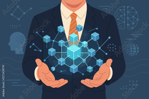 AI technology and machine learning concept. Businessman holding an abstract cube network for data exchange and deep learning. The innovative new era of business and global connection.