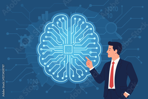 Artificial intelligence concept. Businessman pointing at digital brain with neural network. Metaphor for big data analysis, machine learning, information processing and innovation.