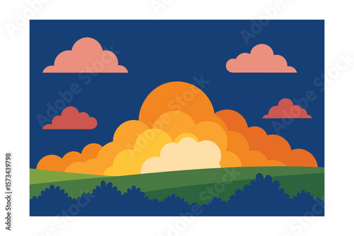 Summer Clouds Glowing Above Meadow At Sundown