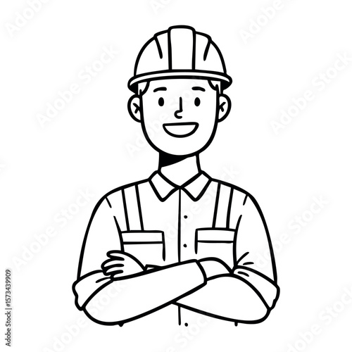 Smiling young asian male construction worker in safety gear with hard hat. Vector hand-drawn doodle illustration