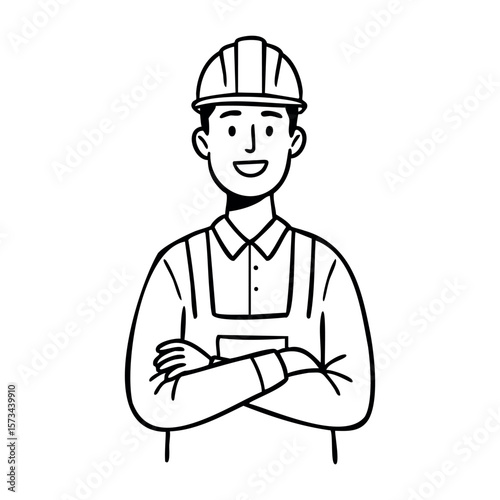 Young asian male construction worker with hard hat smiling confidently. Vector hand-drawn doodle illustration