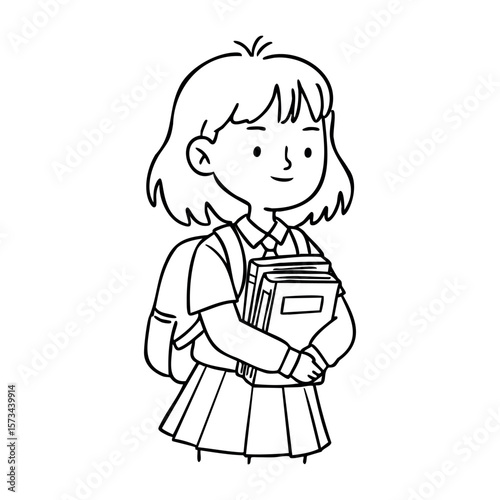 Asian female child student holding books and a backpack illustration. Vector hand-drawn doodle illustration