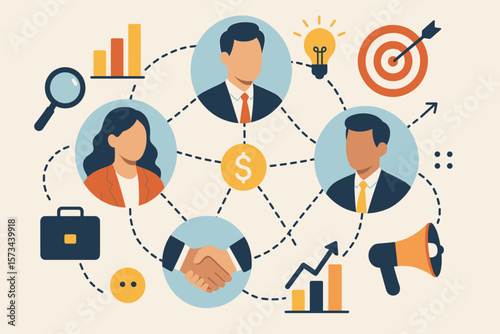 Business network and teamwork concept. Marketing strategy, financial growth, partnership, and communication. Project management, analysis, and goals vector illustration.