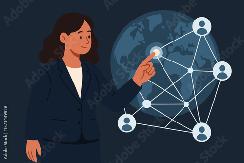Businesswoman touching global network structure. Data exchange and customer connection concept. Modern flat vector cartoon illustration of world business and technology.