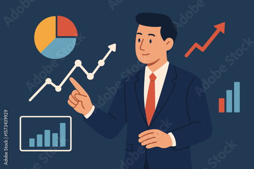 Businessman analyzing financial data on charts and diagrams. Manager pointing at growth graph. Investment strategy, stock market analysis, business success concept vector.