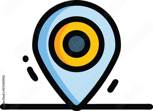 Light Blue Map Location Pin Glyph Icon with Concentric Yellow and Dark Gray Circles Inside a Thick Black Outline on White Background