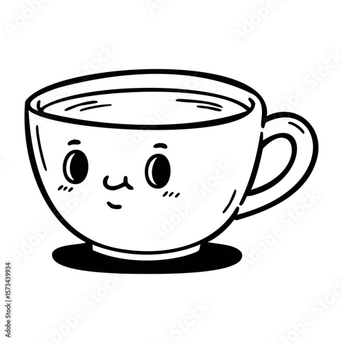 Cartoon style rounded coffee cup with cute face illustration. Vector hand-drawn doodle illustration