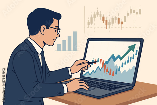 Businessman analyzing stock market data on a laptop. Financial expert checking graph growth. Investment, trading, and success concept. Bull market chart. Flat vector cartoon.