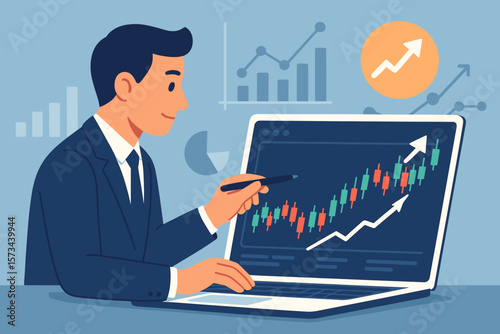 Trader analyzing financial data on stock market exchange. Growth chart and candlestick graph on laptop screen. Business investment and economy success concept. Vector illustration.