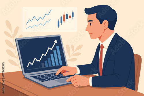 Businessman analyzing stock market data on laptop. Trader checking financial chart for investment growth. Modern flat vector cartoon illustration for business and finance concept.