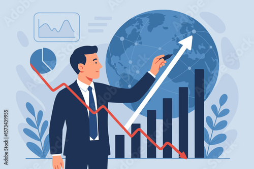 Business recovery after global economic crisis concept. Businessman draws growth chart. Strategy, planning, data analysis. Global networking for financial success and profit.