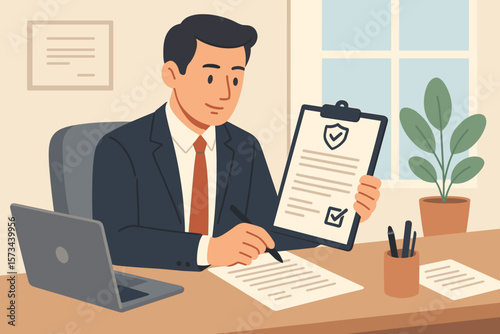 Businessman signing insurance contract at office desk. Man completing policy claim form. Legal document, financial agreement, protection, security concept. Vector illustration.