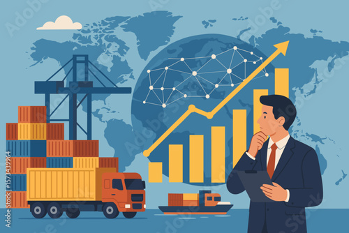 Businessman analyzing stock market growth chart. Global logistics network with cargo ship and truck. Supply chain, distribution,transportation and trade concept. Success.