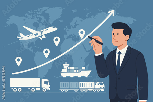 Businessman drawing global logistics network growth. Supply chain management concept with truck, airplane, train, ship. Transportation, distribution, intelligent cargo freight.