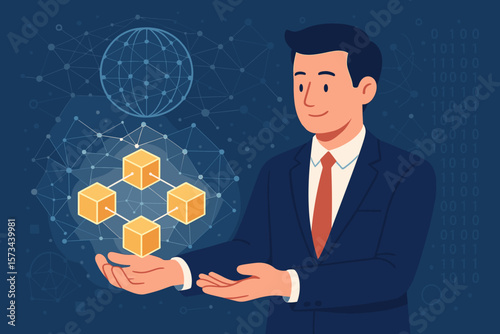 Businessman holding blockchain technology. Big data network connecting global network. Data exchange. Online business communication. Social network. Financial technology fintech.