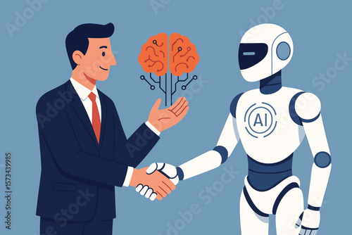 Human and robot handshake. Businessman holds AI brain. Concept for business future, automation, partnership, teamwork, artificial intelligence, and technology collaboration.