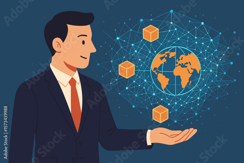 Businessman holding a global network. Concept of blockchain technology, big data, financial technology, and worldwide data exchange. Business innovation and communication.