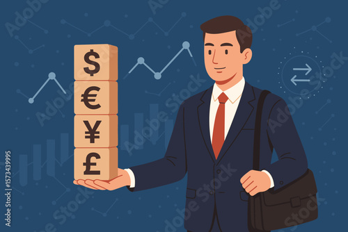 Businessman holding currency symbols. Forex trading business concept. Global financial market investment. Currency exchange rate fluctuation. Dollar, euro, yen, pound signs.