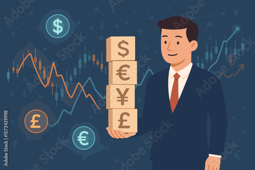 Forex trading business concept. Businessman holding currency symbols cube. Financial market and investment. Stock exchange graph. Dollar, euro, yen, pound signs. Global economy.