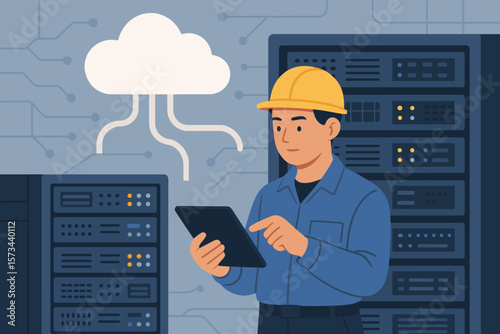 Chief technician managing cloud storage and high-speed data transfer in server room, network engineer with tablet, SAAS, streaming servers, internet technology infrastructure