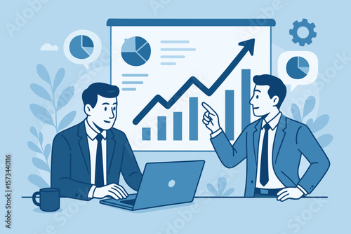 Businessmen analyzing financial growth data and marketing strategy, teamwork collaboration at laptop, discussing investment performance, business planning, success, statistics, graph chart