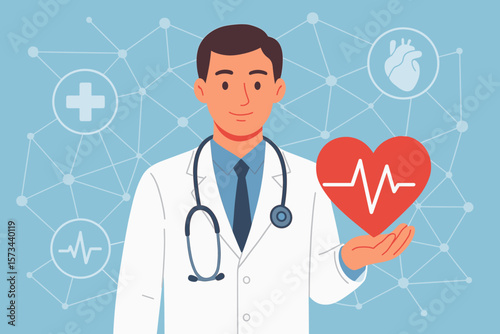 Cardiologist Doctor with Stethoscope Holding Heart Shape, Heartbeat Icon, Medical Network Connections, Virtual Healthcare Interface, Modern Flat Healthcare Illustration