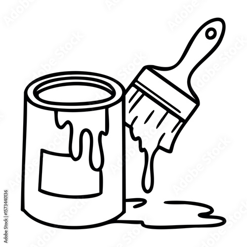 Outline of a paint can with brush dripping paint in black and white. Vector hand-drawn doodle illustration
