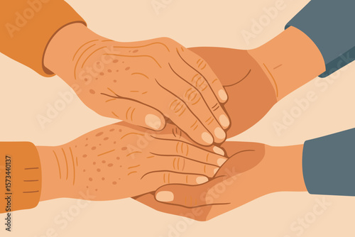 Elderly Care Support, Compassionate Hands, Generations Connection, Senior Assistance, Holding Hands, Family Love, Aging Parent Support, Modern Flat Vector Illustration