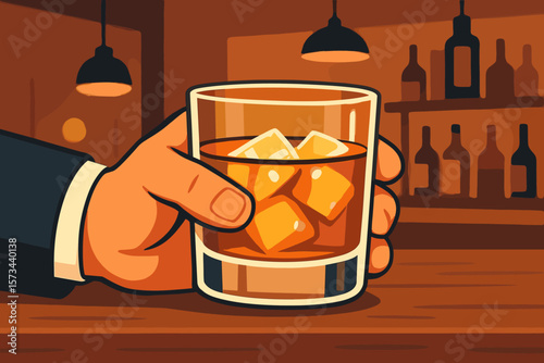 Male Hand Holding Whiskey Glass with Ice Cubes at Bar Counter, Alcoholic Beverage, Nightlife, Modern Flat Vector Illustration, Pub Interior, Relaxation, Social Drinking Concept