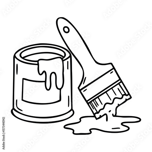 Line art of paint can and brush with spilled paint on surface. Vector hand-drawn doodle illustration