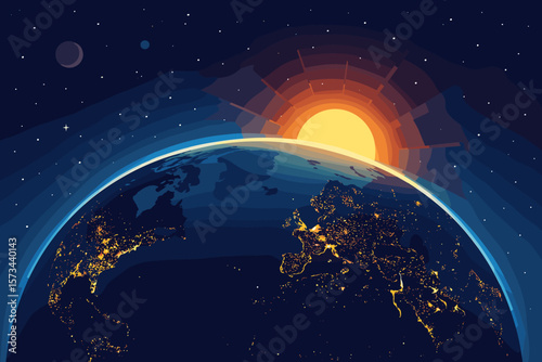 Sunrise Over Planet Earth from Space, City Lights at Night, Europe and America, Glowing Horizon, Modern Vector Illustration, Astronomy, Cosmos, Global Connection, Space Exploration Concept