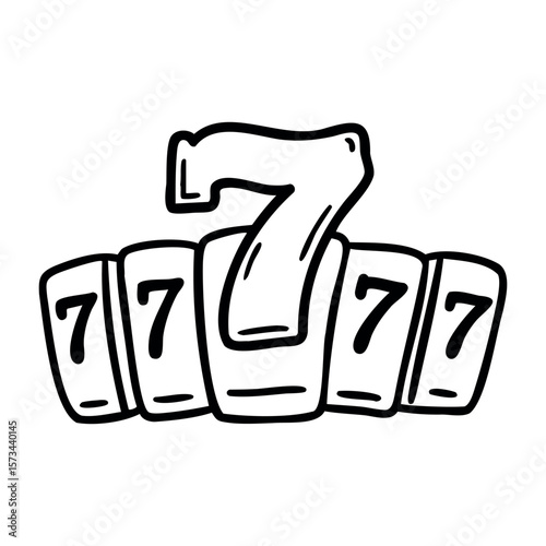 Hand-drawn black and white lucky seven with playing cards. Vector hand-drawn doodle illustration