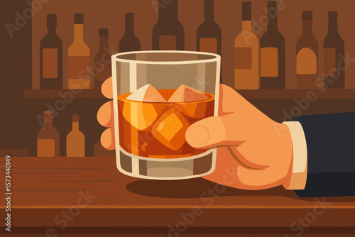 Hand Holding Whiskey Glass with Ice Cubes at Bar Counter, Alcoholic Beverage, Modern Flat Vector Illustration, Relaxation, Nightlife, Social Drinking, Pub Scene