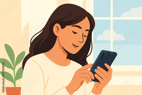 Young Woman Using Smartphone Indoors Morning Light, Flat Vector Cartoon, Female Technology User, Home Interior, Relaxed Lifestyle, Digital Communication, Plant, Window, Casual Clothing