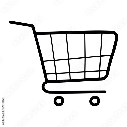 Empty shopping cart icon with wheels and metal frame. Vector hand-drawn doodle illustration