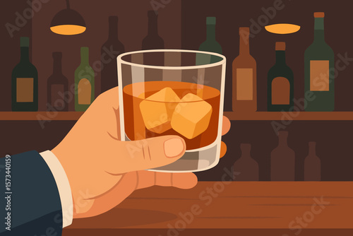 Male Hand Holding Whiskey Glass with Ice at Bar Counter, Alcoholic Beverage, Nightlife, Pub Interior, Modern Flat Vector Illustration, Social Drinking Concept, Relaxation, Celebration