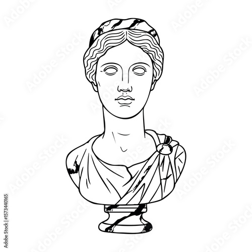 Ancient roman female marble bust artwork line drawing. Vector hand-drawn doodle illustration
