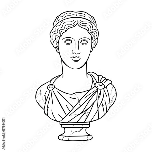 Bust of classical female sculpture with draped garment. Vector hand-drawn doodle illustration