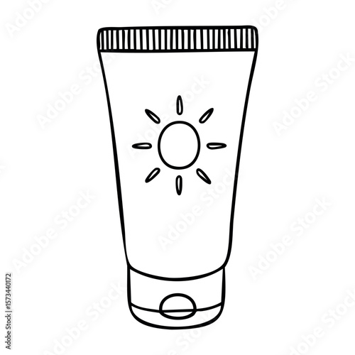 Sun icon on sunscreen tube line drawing. Vector hand-drawn doodle illustration