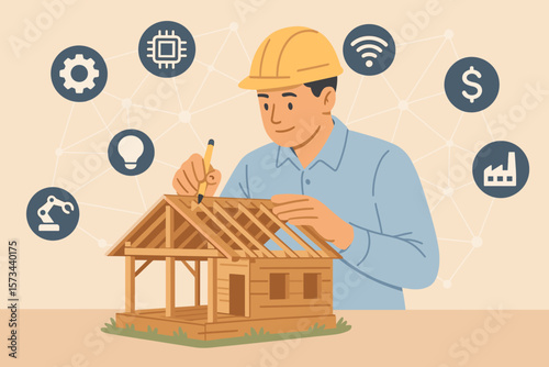 Construction technology innovation concept. Engineer designing wooden house model. Digital network icons. Smart building, automation, industry 4.0, intelligent solutions, connectivity.