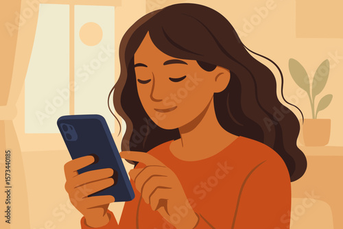 Young Woman Using Smartphone Indoors Morning Light. Modern Flat Vector Illustration. Female Relaxing at Home, Holding Mobile Device, Casual Lifestyle, Technology, Communication, Sunlight, Living Room