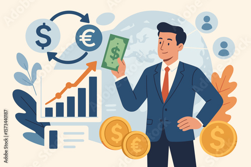 Currency exchange, global finance and banking business concept. Businessman holding cash, analyzing stock market growth, making profit, dollar euro coins, financial network