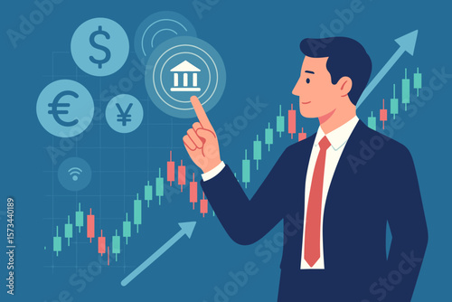 Currency Exchange Forex Trading Business Concept, FinTech Financial Technology, Businessman Touching Banking Icon, Currency Symbols Dollar Euro Yen, Stock Market Graph, Economic Growth