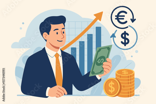 Businessman holding cash analyzing stock market growth, currency exchange, financial profit, banking investment, global economy, euro and dollar symbol, money management concept