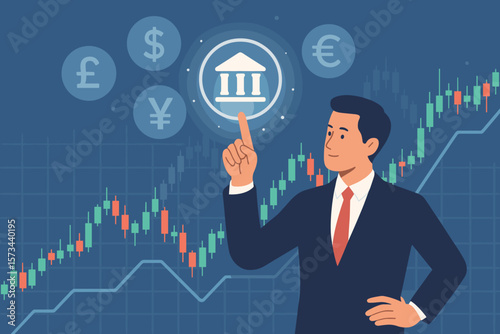 Businessman Touching Banking Icon with Currency Symbols on Forex Trading Chart, FinTech, Financial Technology, Currency Exchange, Forex Market, Economic Growth, Investment Concept