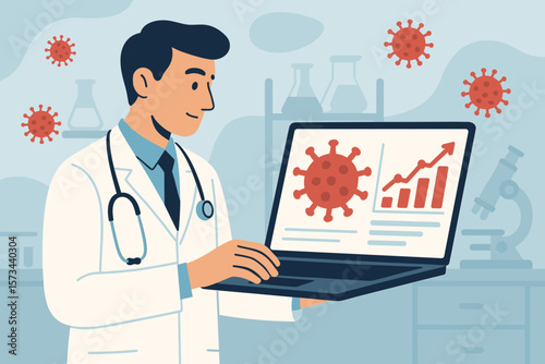 Medical Doctor Analyzing COVID-19 Data on Laptop in Laboratory, Virus Statistics, Healthcare Research, Modern Flat Vector Illustration, Pandemic Analysis, Science Technology Concept