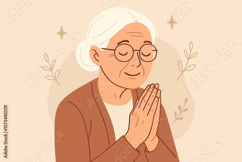 Elderly Woman Praying Hands, Peaceful Faith, Senior Lady Meditation, Spiritual Calm, Mindfulness, Hope, Wisdom, Tranquility, Religion, Flat Vector Illustration