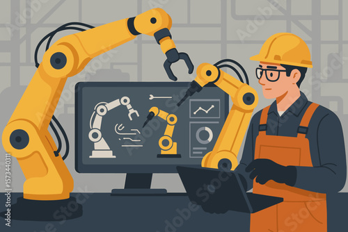 Industrial engineer analyzing and maintaining robotic arms with advanced monitoring system software in smart factory, digital manufacturing, automation technology, industry 4.0
