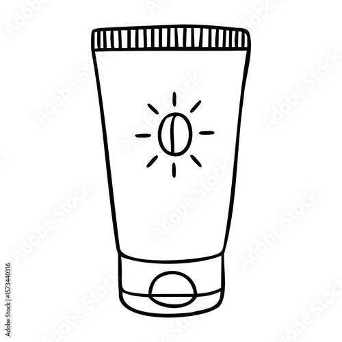 Sunblock cream tube with sun icon on white background. Vector hand-drawn doodle illustration