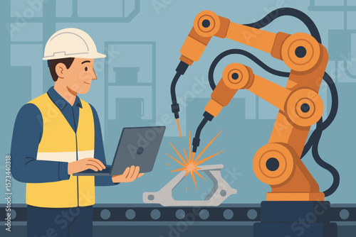 Engineer Operating Laptop Supervising Robotic Welding Arms in Smart Factory Automation, Industrial Robotics, Manufacturing Technology, Modern Vector Illustration